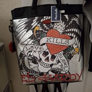 Ed Hardy Metallic Skull and Heart Tote